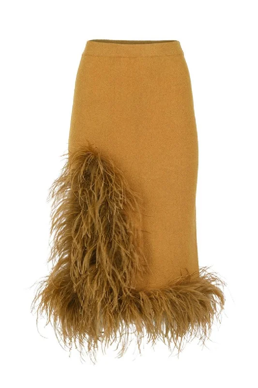 CAMEL KNIT SKIRT WITH FEATHER TRIM high slit skirt