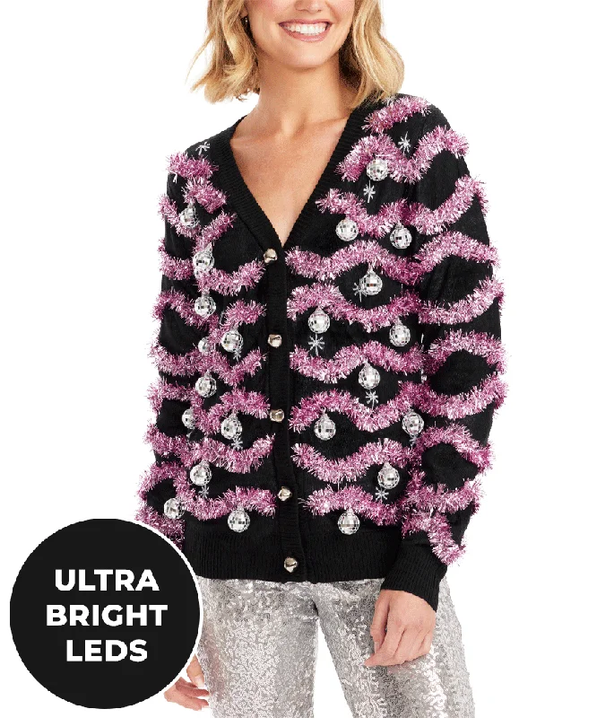 Women's Deck The Disco Balls Light Up Cardigan Sweater Spandex Blend Rayon Blend Denim Blend