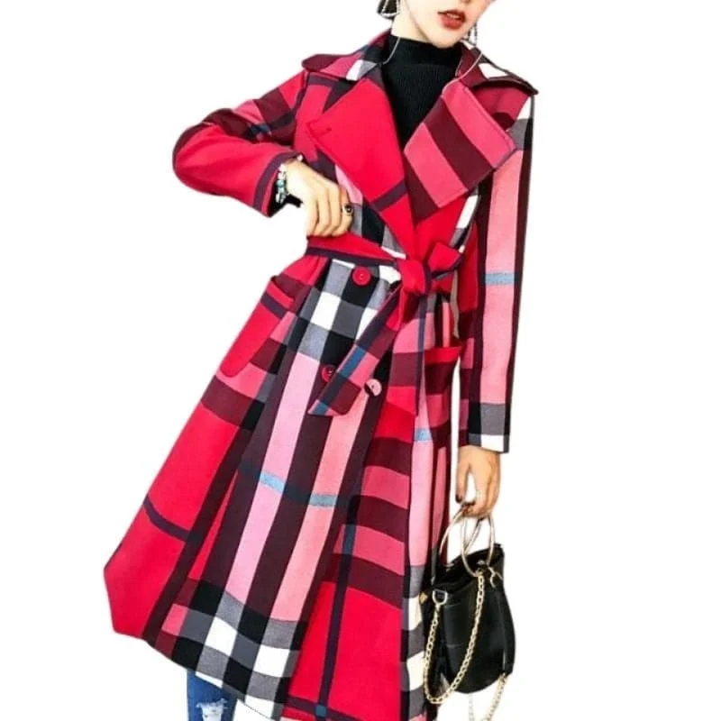 VROSE Design Women's Fine Fashion Vintage Brown Red Plaid Elegant Luxury Designer Coat Jacket Front Pockets Side Pockets Patch Pockets