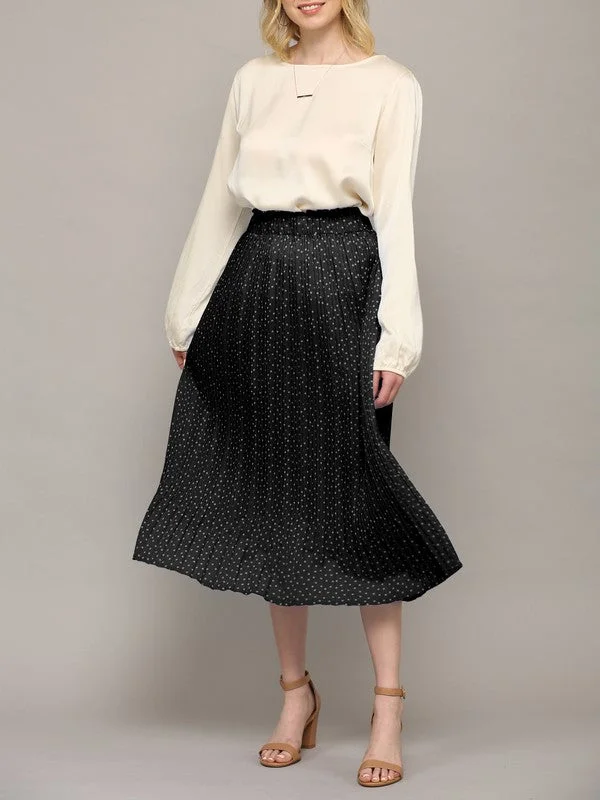 Adeline Black Polka Dot Pleated Midi Skirt chiffon skirt floaty