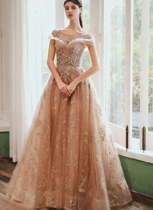 Champagne Cap Sleeves Tulle Long Party Dress, New Style Long Prom Dress Party Dress   cg21918 Tunics Seasonal trendy