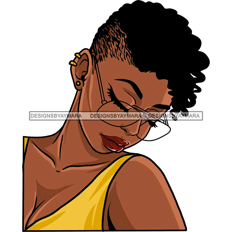 Black Woman Short Hair Cut Eyeglasses Red Lips Yellow Mustard Tank Top Eyes Closed Bent Head Clipart Graphic  Skillz JPG PNG  Clipart Cricut Silhouette Cut Cutting sage tank top