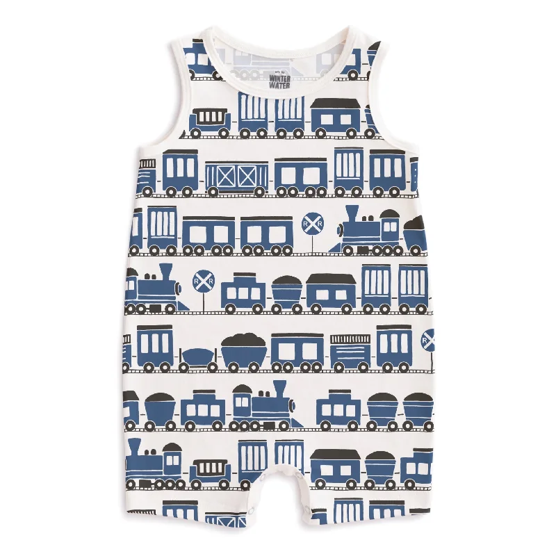 Tank Top Romper - Trains Blue peekaboo tank top