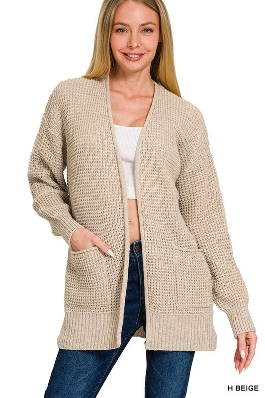 Find Your Roots Heather Beige Waffle Knit Pocket Cardigan (Size Large) Polka Dot Checkered Tartan