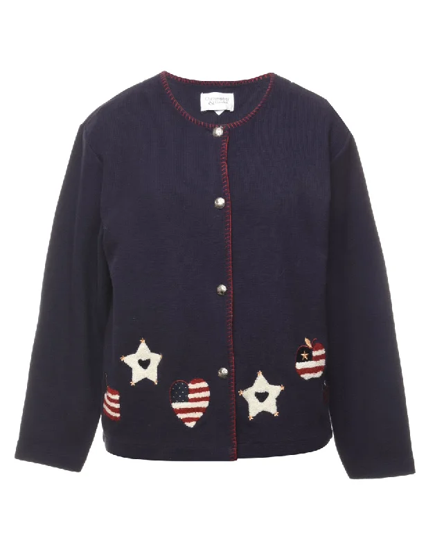 Button Front Navy Cardigan - L Cashmere Blend Cotton Blend Poly Blend