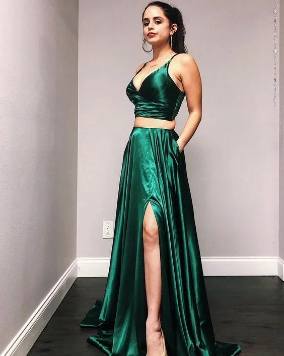 Princess Two Pieces Green Prom Dress,V-Neck Emerald Green Long Party Dress    cg20847 Tunics Hiking breathable