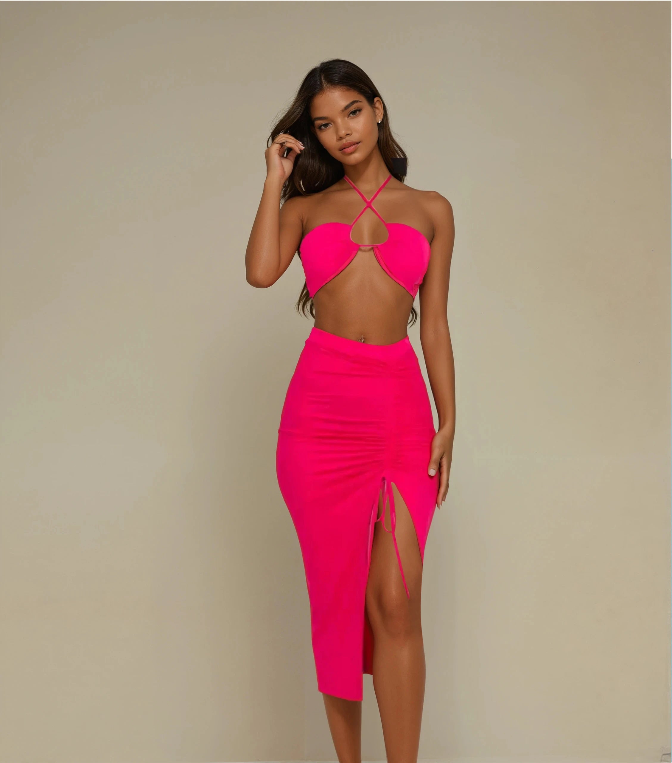 'Yasmin' 2 Piece Bikini Top and Skirt- Fuchsia velvet skirt luxurious