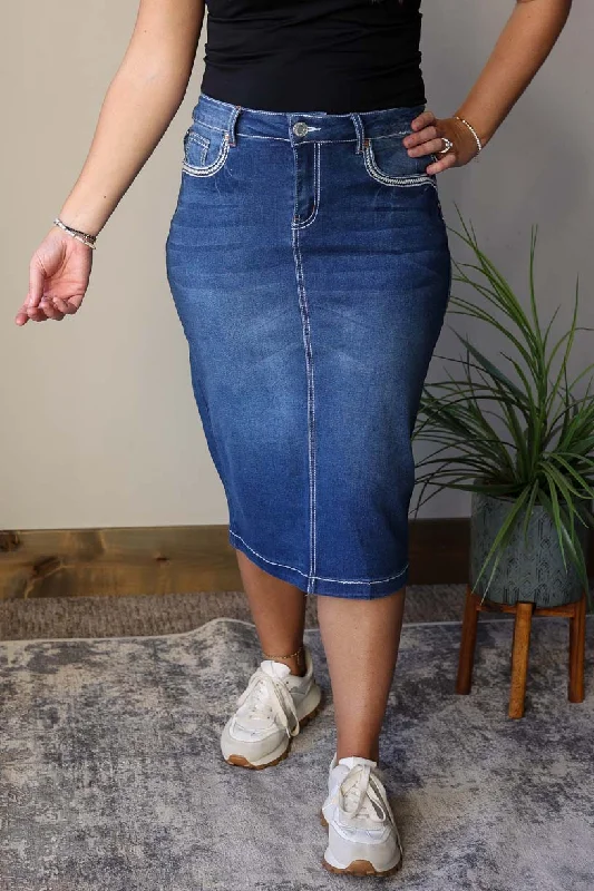 Kate Dark Wash Heavy Stitching Denim Skirt silk skirt elegant