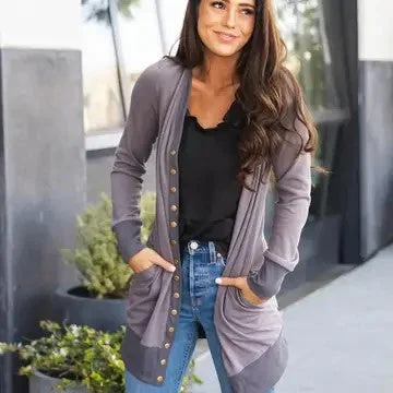 In The Nick Of Time Dark Grey Snap Cardigan Notch Collar Peter Pan Collar Cowl Neck