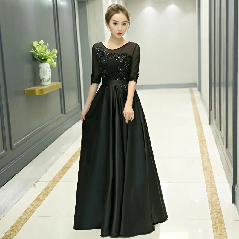 Black Satin Tulle Top Short Sleeves Bridesmaid Dress, Black Long Prom Dress Party Dress   cg18602 Tunics Business professional