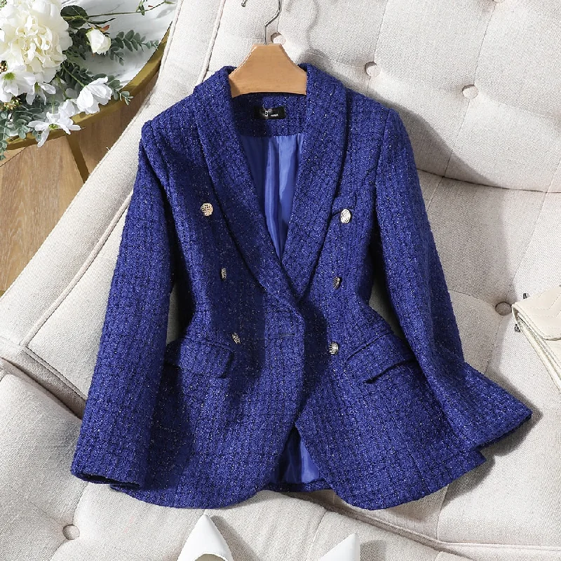 CAROLINE SUITS Women's Elegant Stylish Fashion Office Professional Woven Royal Blue Plaid Blazer Jacket Trench Coat Raincoat Waterproof Jacket