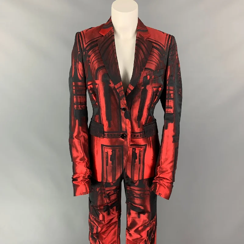 PAUL SMITH Take Pleasure Seriously Size 6 Red & Black Print Acetate Blend Ruched Pants Suit Classic Flared Pants