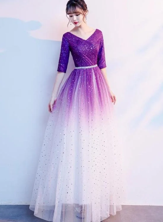 Gradient Purple And White V-Neckline Short Sleeves Party Dresses prom dress evening dress            cg23424 Tunics New arrival