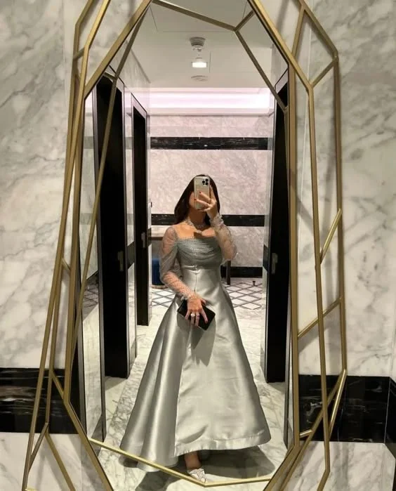 Silver Satin Long Sleeve Prom Dresses Women Square Neck Sequin Floor Length Saudi Arabic Evening Party Dress     cg25154 Shift Classic Vintage