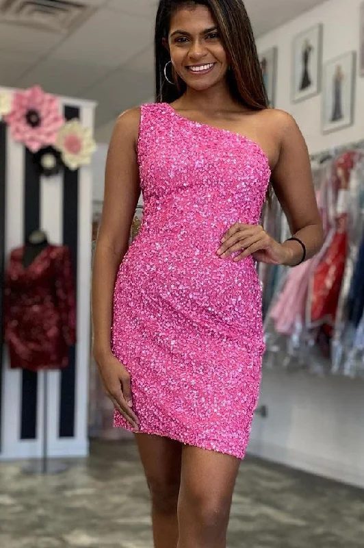 One Shoulder Hot Pink Mini Party Dress Tunics Ceremony elegant