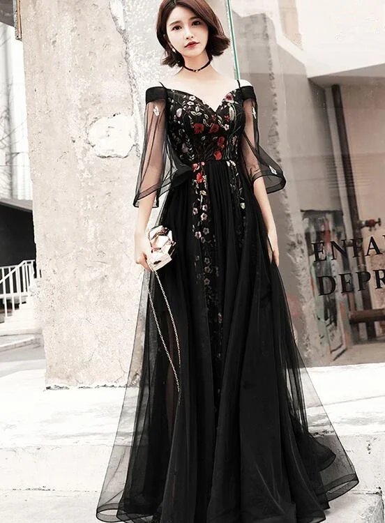 Black Floral Off Shoulder Floor Length Party Dress, Black Tulle Prom Dress Formal Dress   cg20634 Tunics Modern contemporary