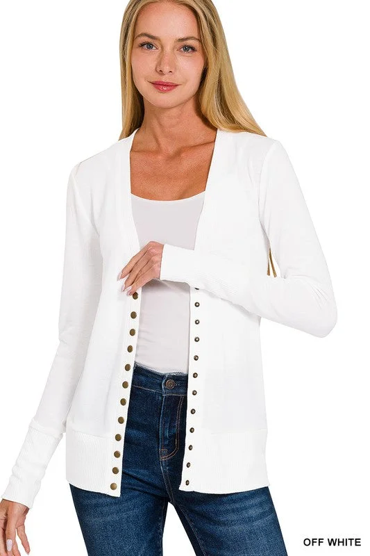 Oh Snap Off White Ribbed Snap Closure Cardigan-LS Satin Fabric Silk Fabric Chiffon Fabric