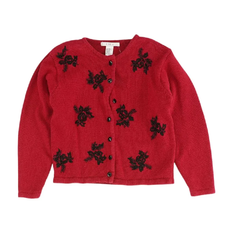 Vintage Beaded-Embroidered Button-Front Cardigan Sweater Fleece Fabric Down Fabric Feather Fabric