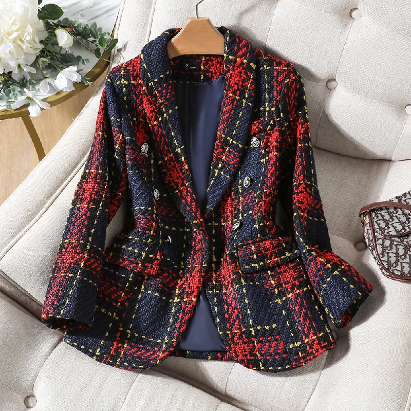 CAROLINE SUITS Women's Elegant Stylish Fashion Office Professional Woven Plaid Navy Blue & Red Plaid Blazer Jacket Nylon Fabric Polyester Fabric Spandex Fabric