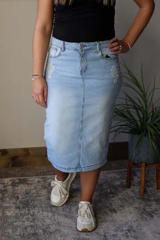 Abby Light Wash Distressed Denim Skirt chiffon skirt floaty