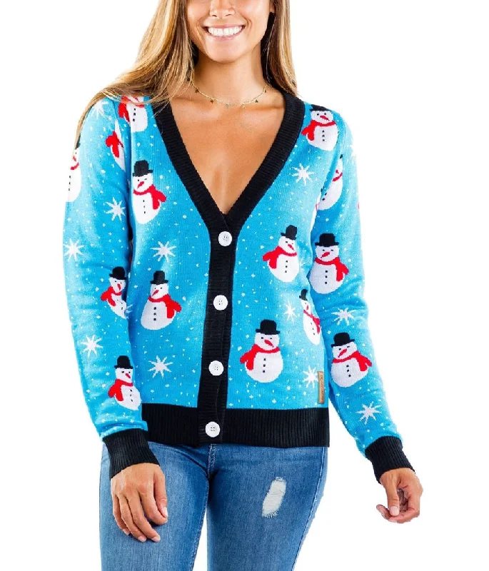 Women's Snazzy Snowman Cardigan Sweater Houndstooth Herringbone Solid