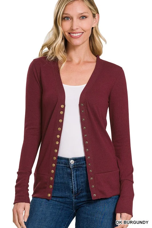 Oh Snap Dark Burgundy Ribbed Snap Closure Cardigan-LS (Size Small) Rayon Fabric Velvet Fabric Corduroy Fabric