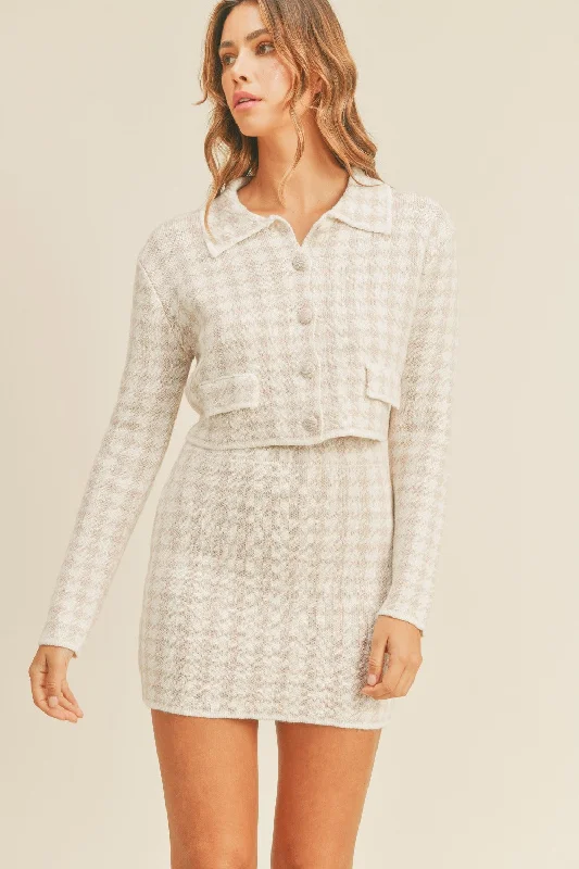Houndstooth Cropped Knit Cardigan and Mini Skirt Set Collared Crew Neck Turtle Neck