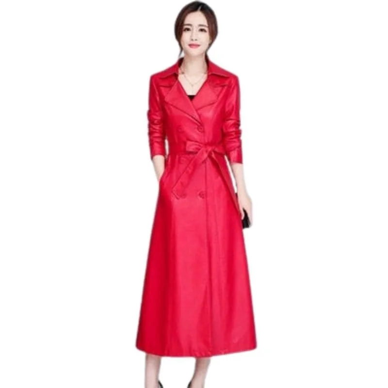 BELLA Design Women's Fine Fashion Long Luxury Designer Leather Red Blazer Trench Coat Jacket Zip Front Button Front Snap Front