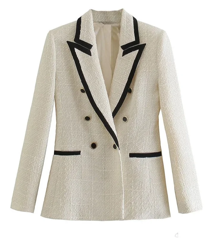 MING SUITS Women's Elegant Stylish Fashion Office Professional Woven Plaid Ivory White & Black Blazer Jacket Bomber Jacket Anorak Windbreaker