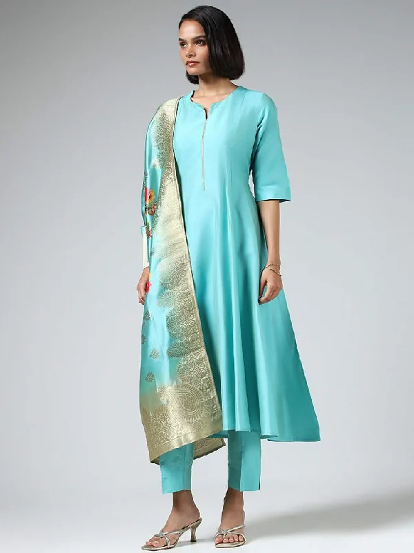 Vark Plain Sky Blue Kurta with Pants & Dupatta Slim-Fit Leggings
