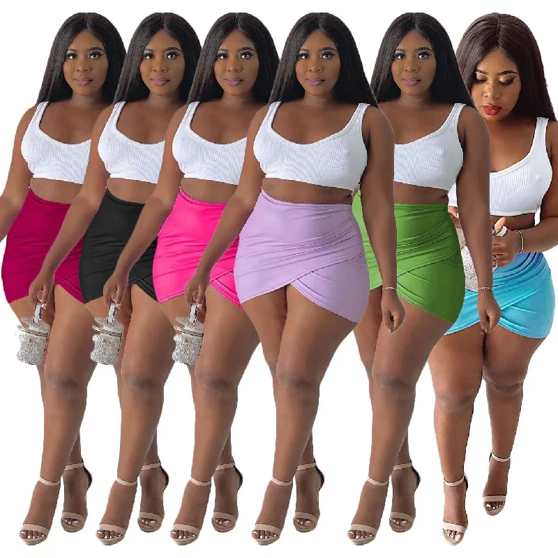 J&H 2023 new arrivals white ribbed tank top and sexy mini skirts 2 piece set women slim fit summer skirts outfits club wear zip skirt side