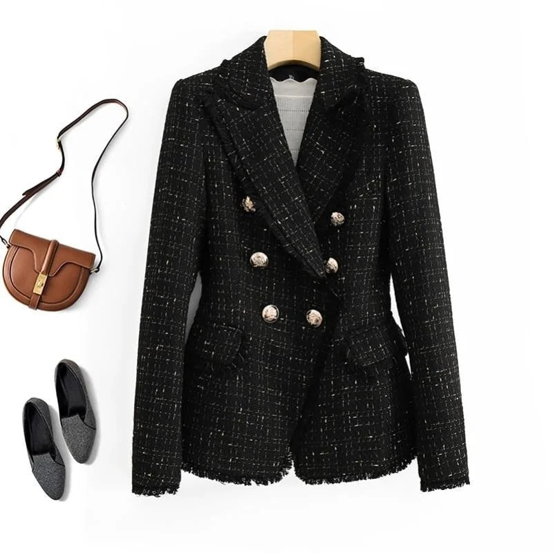 ELIANA Women's Elegant Stylish Fashion Office Business Casual Professional Style Woven Black Plaid Blazer Jacket Faux Fur Jacket Real Fur Jacket Shearling Jacket