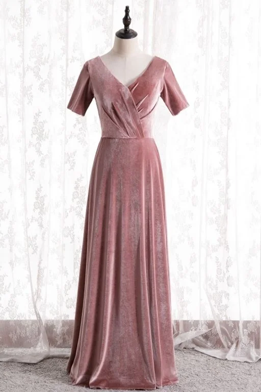 short sleeves blush velvet long party dress bridesmaid dresses prom dress    cg20230 Lace Sexy Club