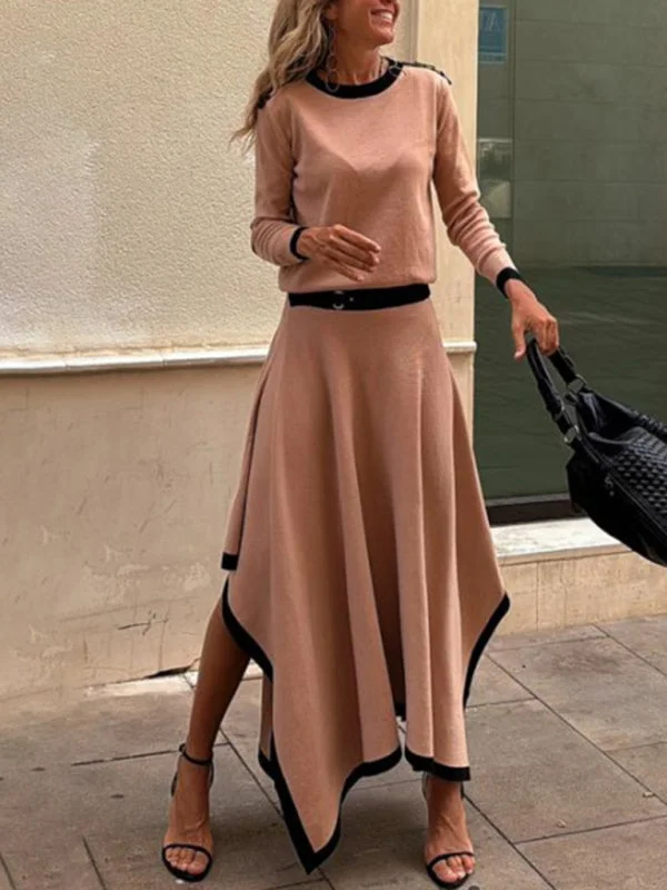 Long-sleeved irregular solid color skirt two-piece set leather skirt bold