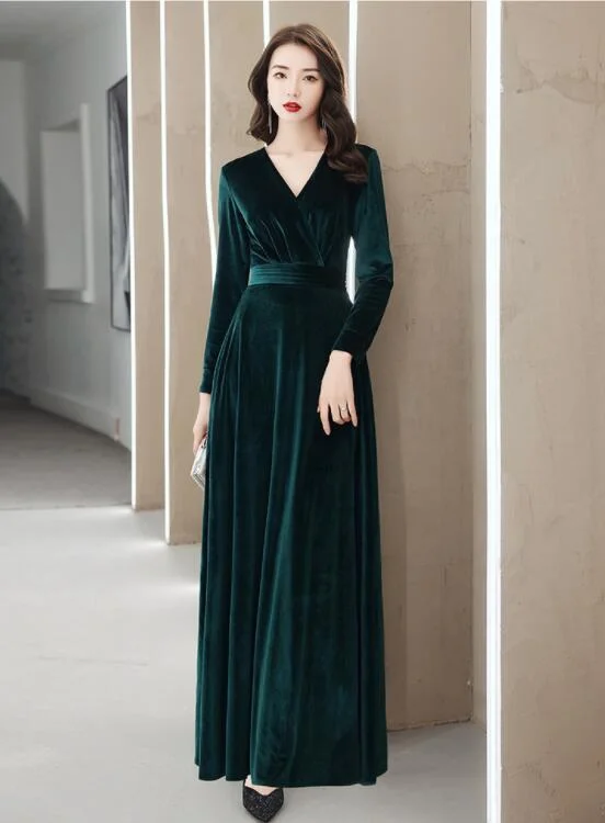Elegant Velvet Long Sleeves V-Neckline Prom Dress. Velvet Bridesmaid Dress Party Dress    cg21074 Tunics Floral girly
