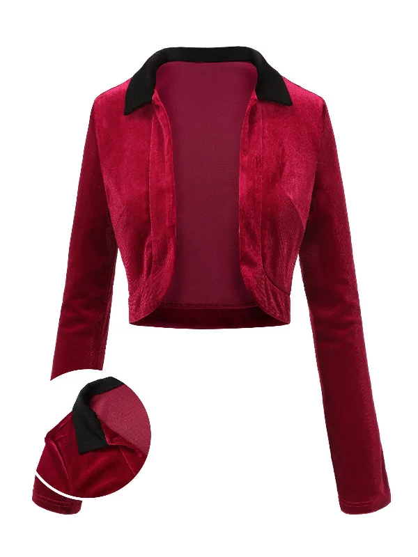 Red 1930s Contrast Lapel Velvet Bolero Jacket Chenille Jacket Brocade Jacket Lace Jacket