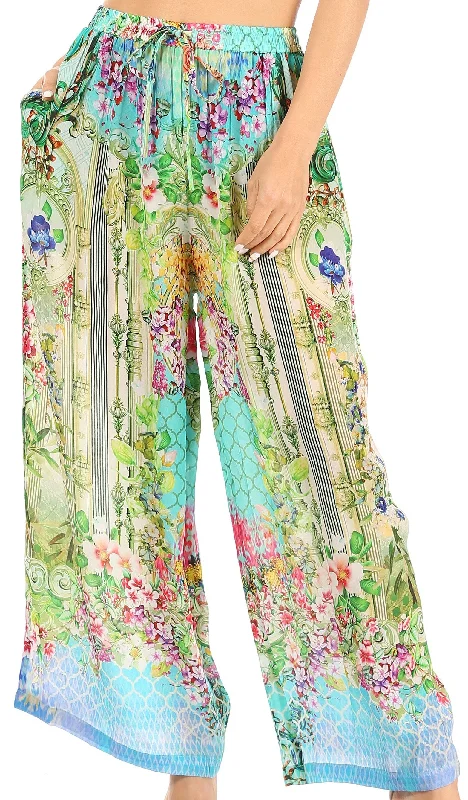 Sakkas Anie Women's Boho Casual Flowy Flare Palazzo Wide Leg Pants Floral Print Stylish Casual Pants