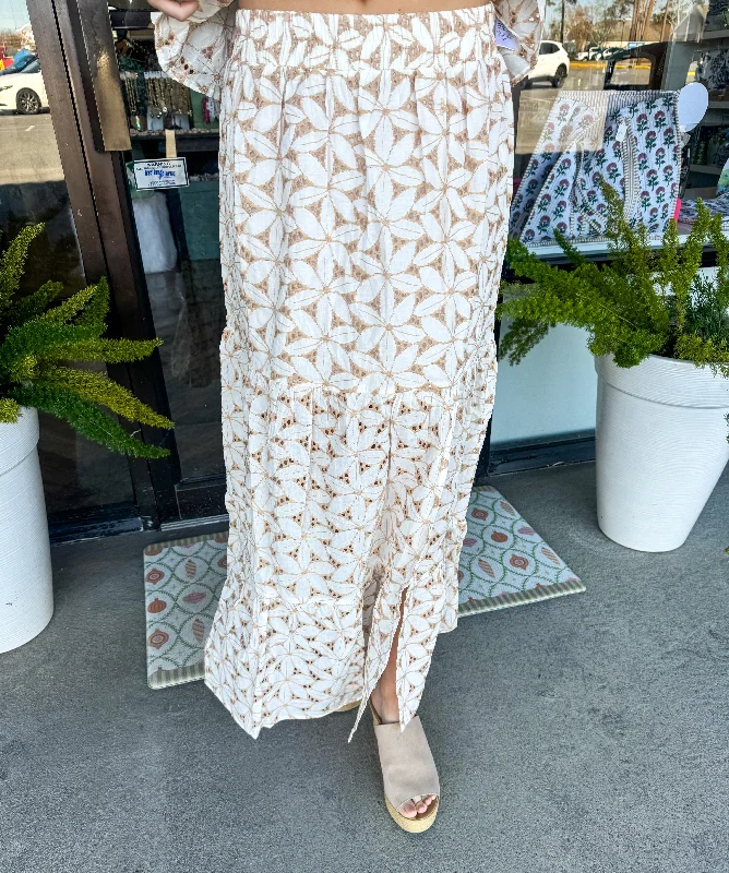Floral Eyelet Side Slit Maxi Skirt silk skirt lustrous