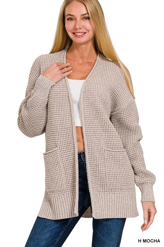 Find Your Roots Heather Mocha Waffle Knit Pocket Cardigan Striped Floral Plaid