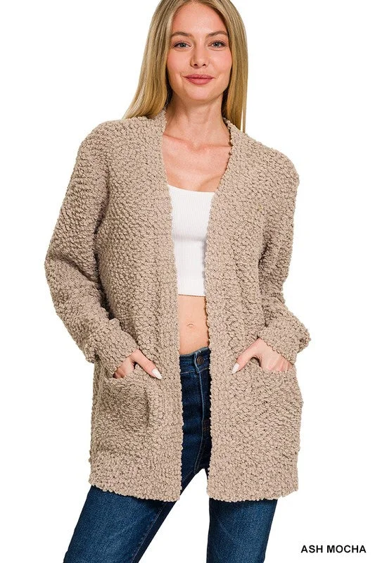 Morning Coffee Ash Mocha Popcorn Detail Open Cardigan (Size Large) Terry Blend Velvet Blend Canvas Blend