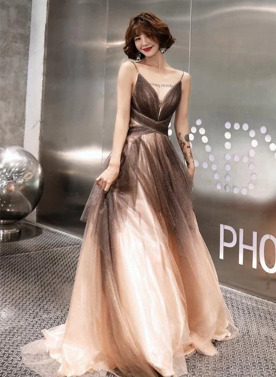 Unique Tulle V-Neckline Straps A-Line Gradient Party Dress, Tulle Long Evening Dress Prom Dress   cg21975 Tunics Prom sequined
