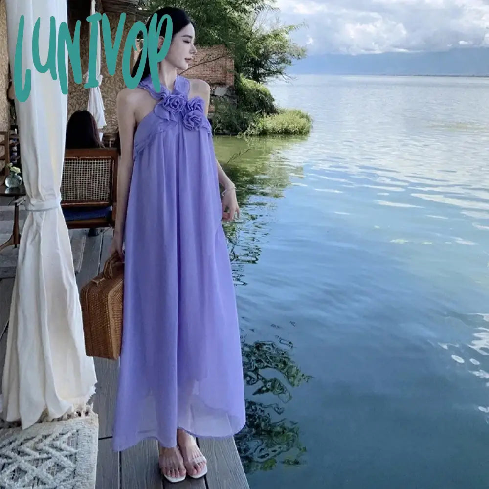 Lunivop Holiday Style Sling Backless Party Dress for Women Chiffon Lavender Vacation Summer Fairy Sundress Pink Long Purple Clothes New Tunics Distressed trendy
