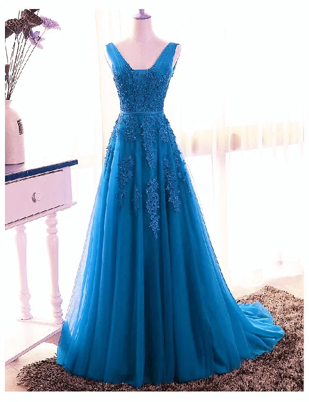 Blue Tull V-Neckline Floor Length Low Back Party Dress, Blue Prom Dress Bridesmaid Dress   cg21725 Tunics New arrival
