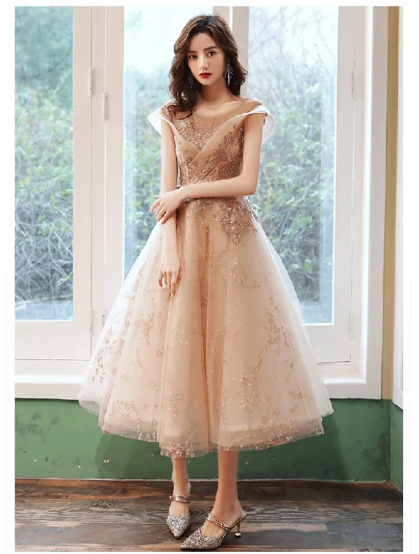 Light Champagne Applique Tulle Cap Sleeves Party Dress Prom Dress Bridesmaid Dress   cg16877 Tunics Spring floral