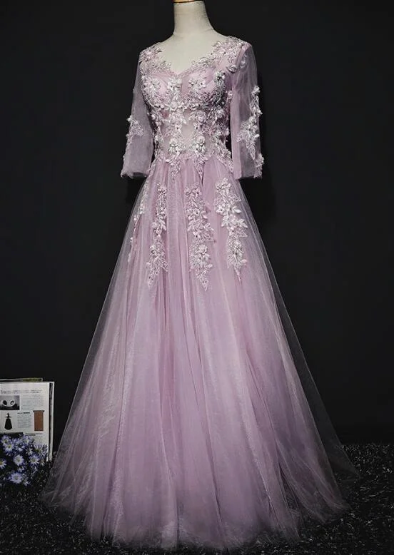 Pink Long Sleeves Tulle With Flowers V-Neckline Prom Dress, A-Line Pink Bridesmaid Dress Party Dress    cg21372 Halter Neckline Beach