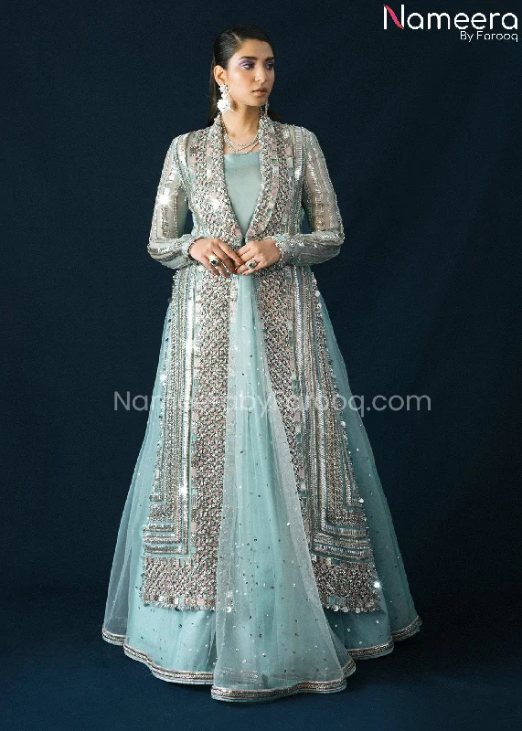 Ice Blue Organza Jacket Lehenga Dress in Net #BS628 Notch Collar Jacket Peter Pan Collar Jacket Cowl Neck Jacket