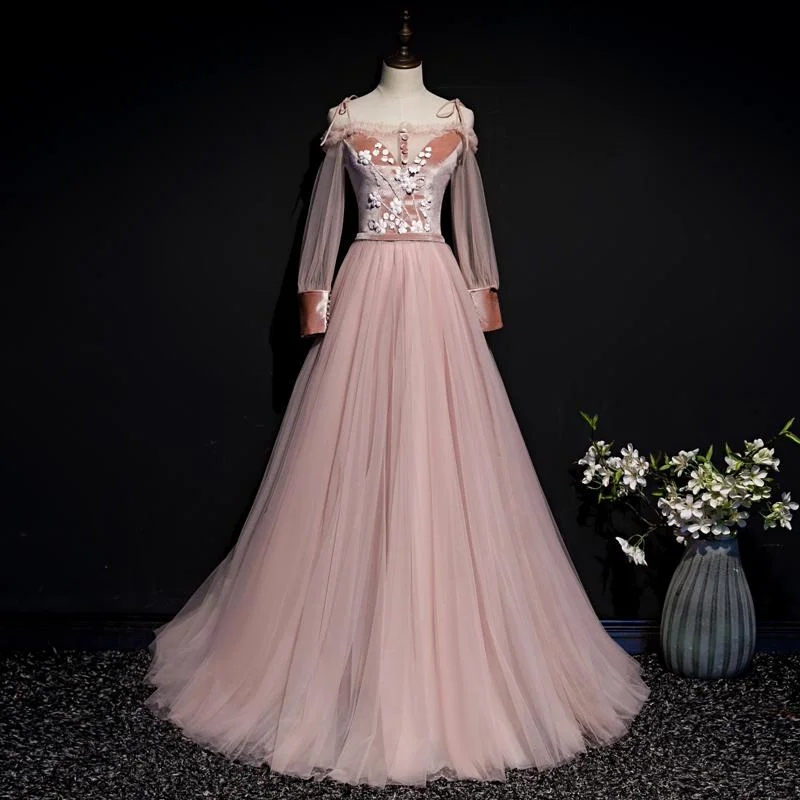 Pink Tulle And Velvet Long Sleeves Flowers Evening Dress, New Style A-Line Party Dress Prom Dress    cg20187 Off-the-shoulder Bohemian Festive
