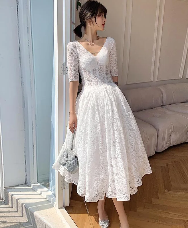 White Lace Short Sleeves Tea Length Wedding Party Dress, White Graduation Dresses Prom Dress       cg23137 Tunics Sophisticated sleek