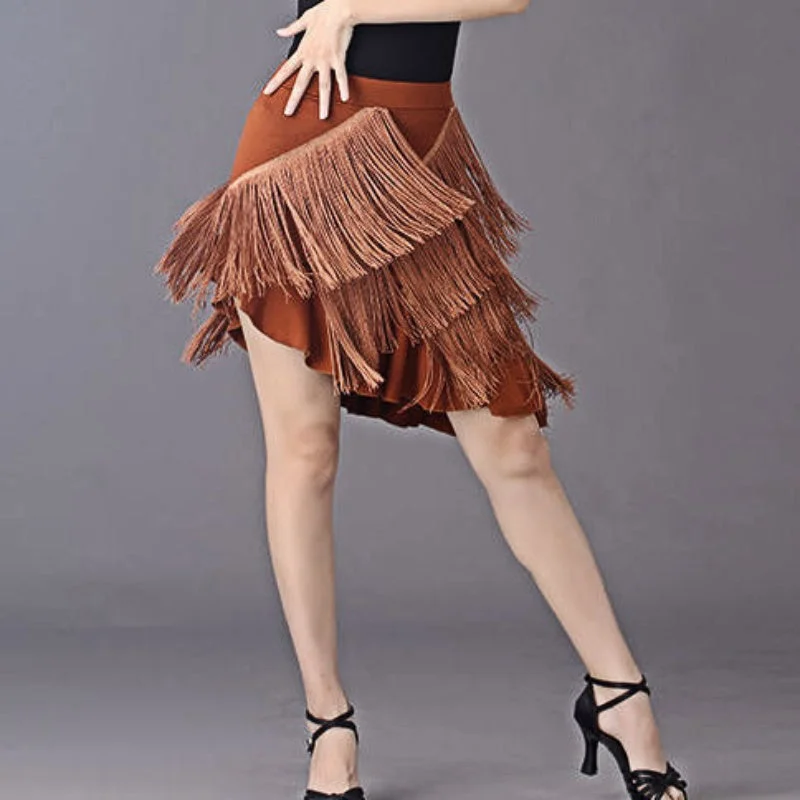 Latin Tango Dance Skirt Asymmetric Tassel spandex blend skirt