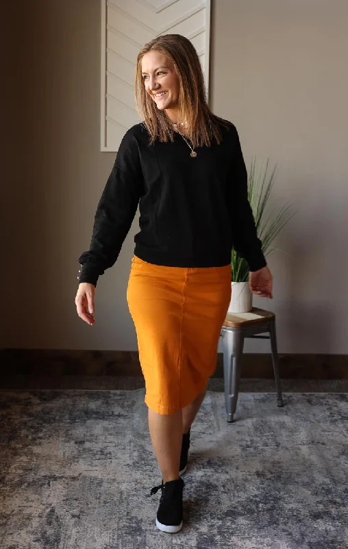 Mustard Stretch Midi Denim Skirt, XS, M cashmere skirt plush